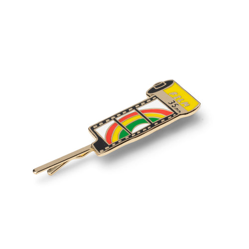 Gold cloisonné enamel 35mm film canister and strip hair pin with rainbow image by Yellow Owl Workshop