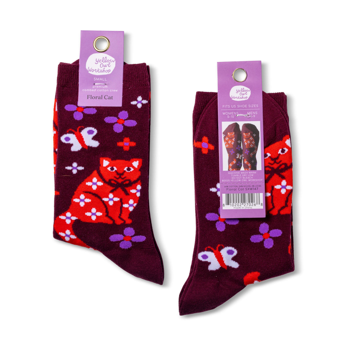 Floral Cat Crew Socks - Small