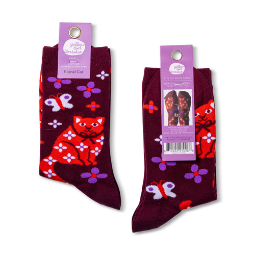 Floral Cat Crew Socks - Small