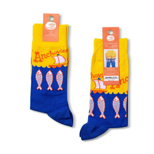 Anchovies crew socks packaging front and back by Yellow Owl Workshop