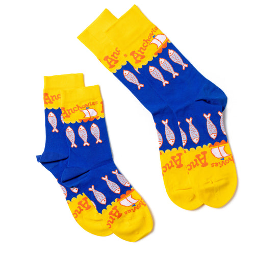 Anchovies crew socks small and large sizes laid out side by side by Yellow Owl Workshop