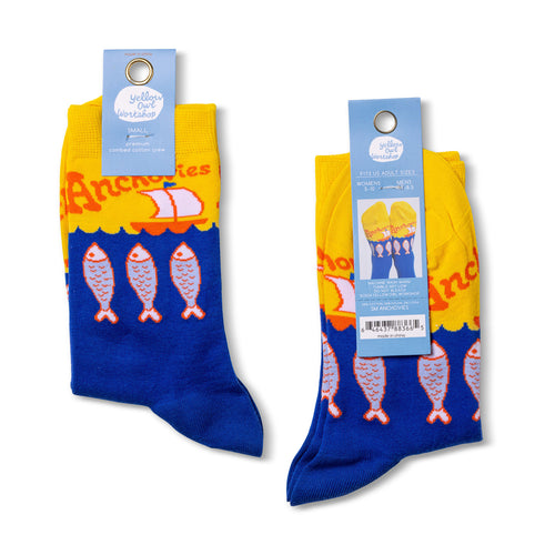 Anchovies crew socks small size packaging front and back by Yellow Owl Workshop