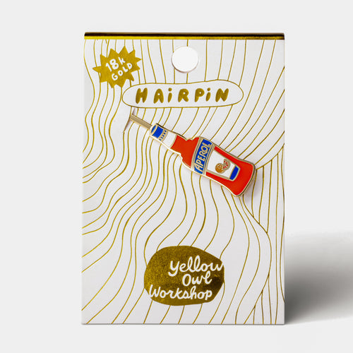 Aperol gold cloisonné enamel hair pin in packaging by Yellow Owl Workshop