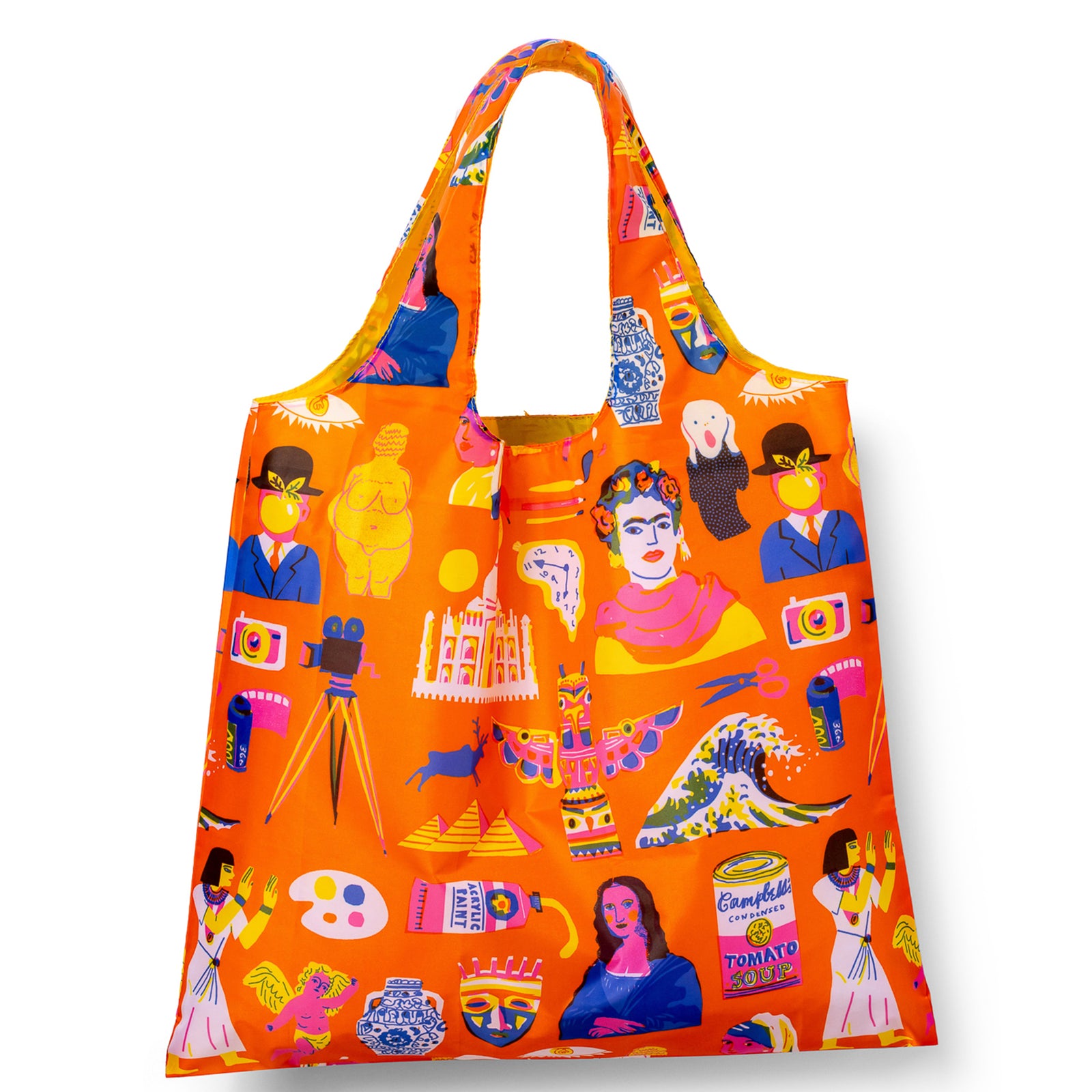Orange illustrated reusable tote bag featuring iconic art history figures and works in folk art cut-paper style by The Printed Peanut for Yellow Owl Workshop