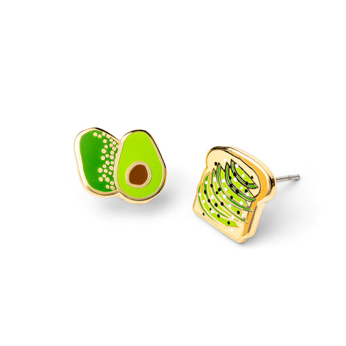 Mismatched cloisonné stud earrings featuring sliced avocado and avocado toast gilded in 22 karat gold by Yellow Owl Workshop