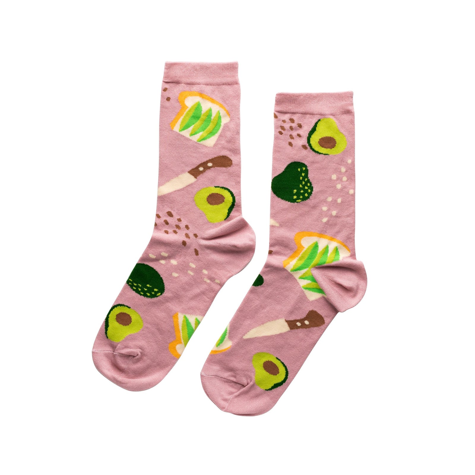 Blush pink crew socks featuring illustrated avocado toast halved avocados and spreading knife by Yellow Owl Workshop