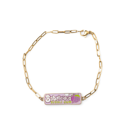 Lavender enamel Babelicious bubble gum wrapper charm bracelet with grape detail on gold paperclip chain by Yellow Owl Workshop