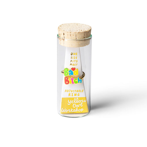 Bad B tch gold adjustable enamel ring in glass vial cork packaging by Yellow Owl Workshop