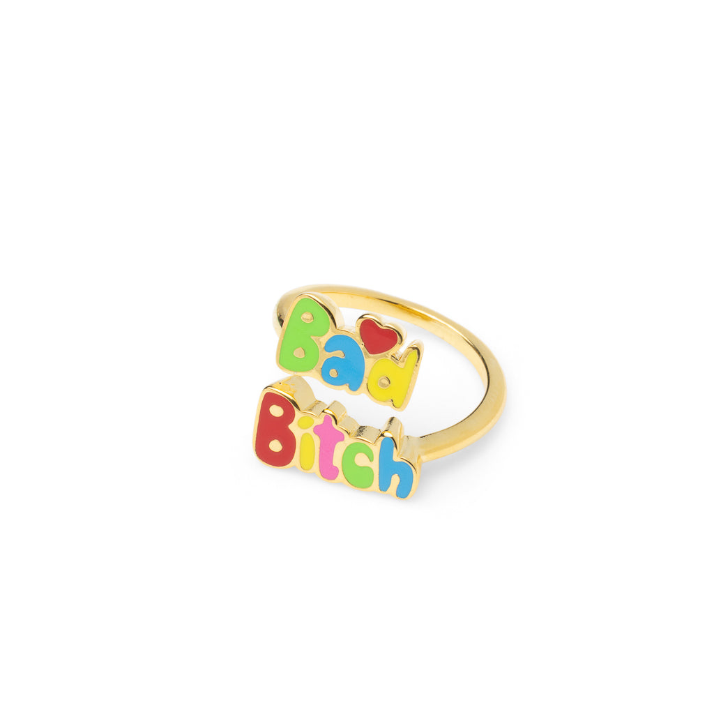 Gold adjustable Bad B tch ring in bright multicolor enamel letters by Yellow Owl Workshop