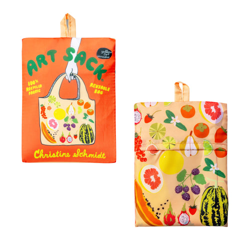 Fruits Art Sack® folded front and back showing colorful fruit illustration and Art Sack® packaging by Yellow Owl Workshop