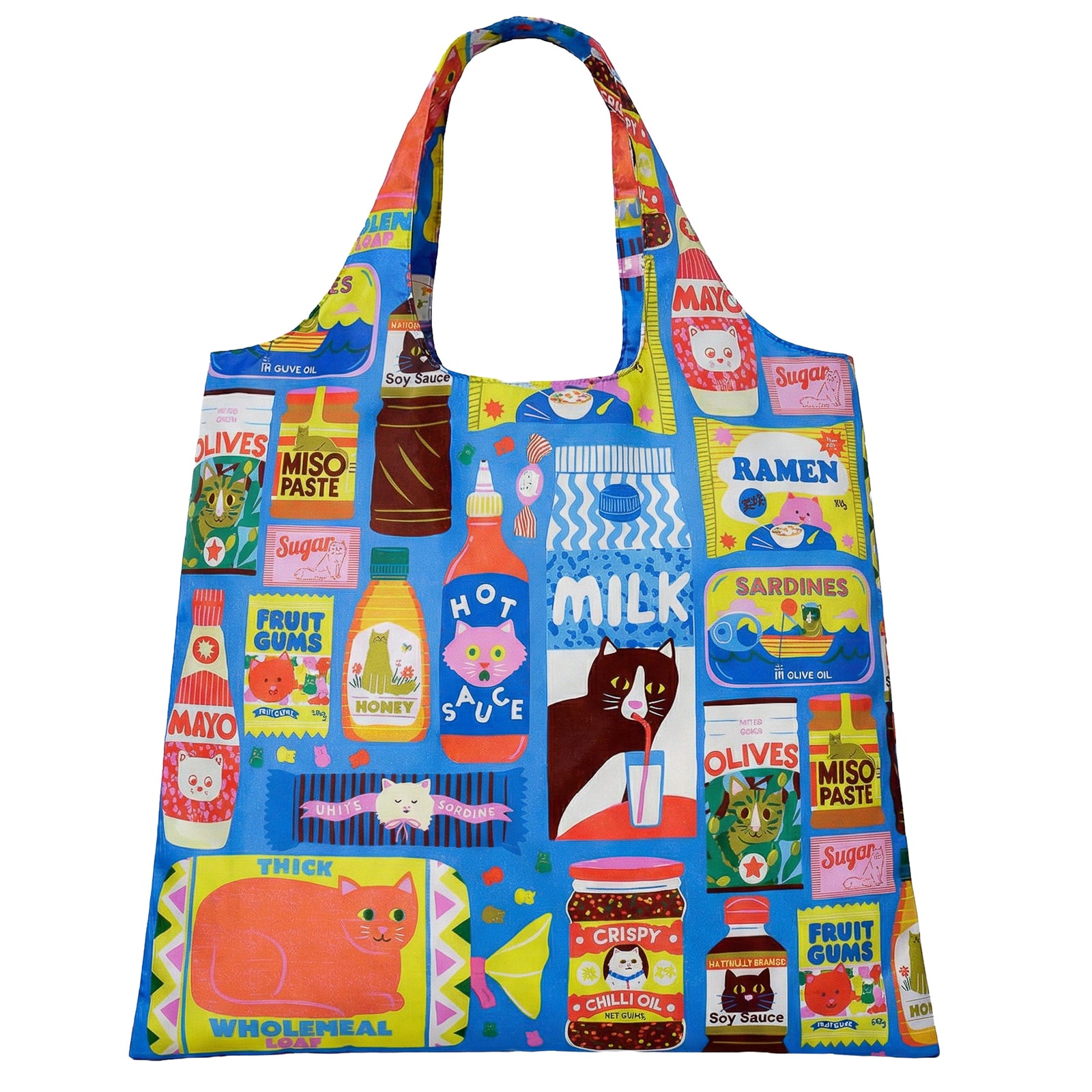 Illustrated reusable tote bag featuring kawaii cats with pantry icons including noodle boxes chili oil jars and sardines by Naomi Wilkinson for Yellow Owl Workshop