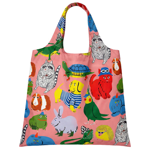 Pink illustrated reusable tote bag featuring colorful quirky animal characters including sunglasses hedgehog bucket-hat cat and striped dachshund by Kristina Micotti for Yellow Owl Workshop