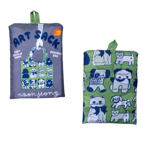 Snuggle Society Art Sack® folded front and back showing hand-drawn animal illustration Art Sack® packaging by Naon Jeong for Yellow Owl Workshop