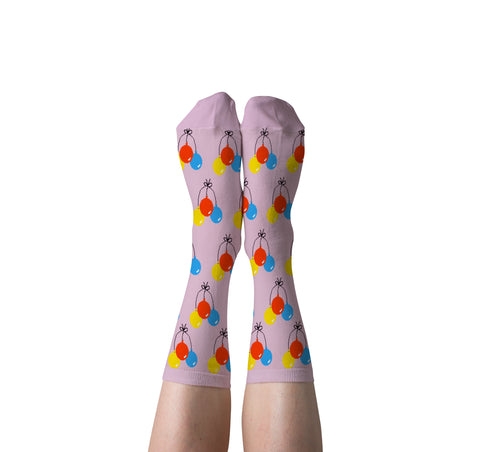 Lavender Balloon crew socks with colorful balloon clusters worn on feet by Yellow Owl Workshop