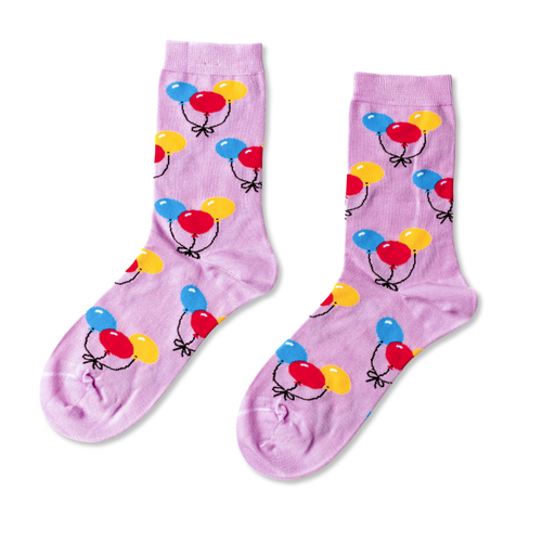 Lavender crew socks featuring colorful balloon clusters in red blue and yellow by Yellow Owl Workshop