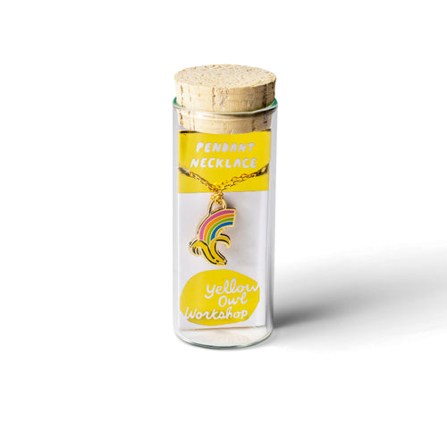 Banana rainbow cloisonné enamel pendant necklace in glass vial packaging by Yellow Owl Workshop