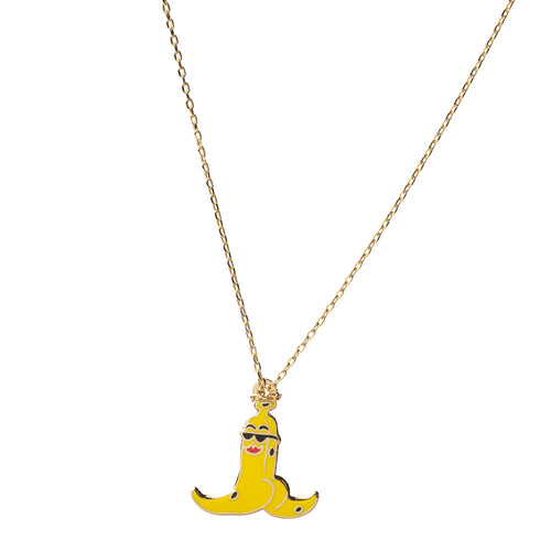 Cloisonné banana split pendant necklace featuring banana with sunglasses doing the splits by Kristina Micotti gilded in 22 karat gold by Yellow Owl Workshop