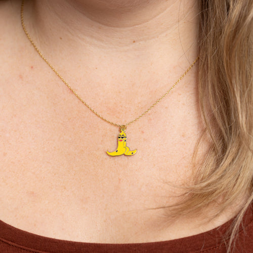Banana split cloisonné enamel pendant necklace by Kristina Micotti worn by Yellow Owl Workshop