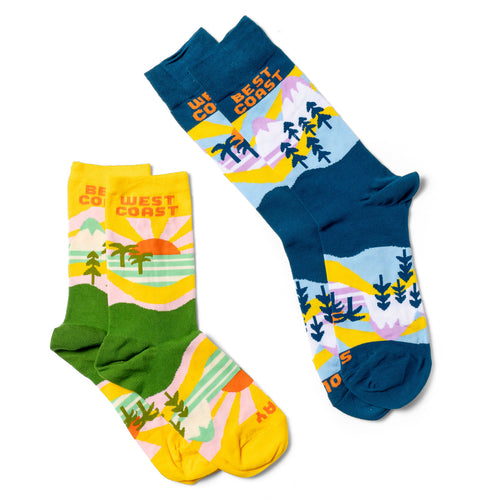 Best Coast crew socks small and large sizes laid out side by side by Yellow Owl Workshop