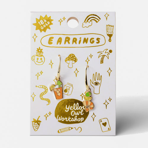 Bloody Mary and Shrimp mismatched enamel drop earrings on gold foil matchbook card by Yellow Owl Workshop