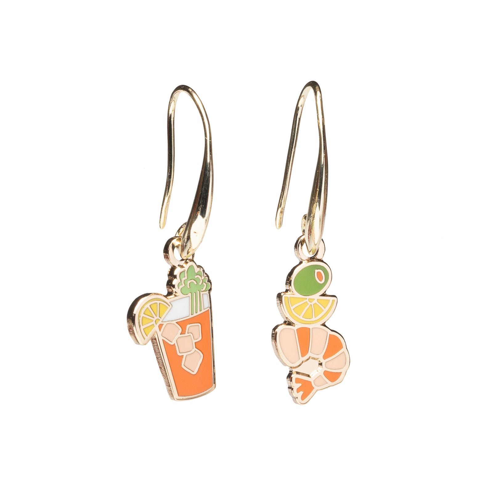 Mismatched enamel drop earrings featuring Bloody Mary cocktail with celery and lemon and stacked shrimp cocktail with olive by Yellow Owl Workshop