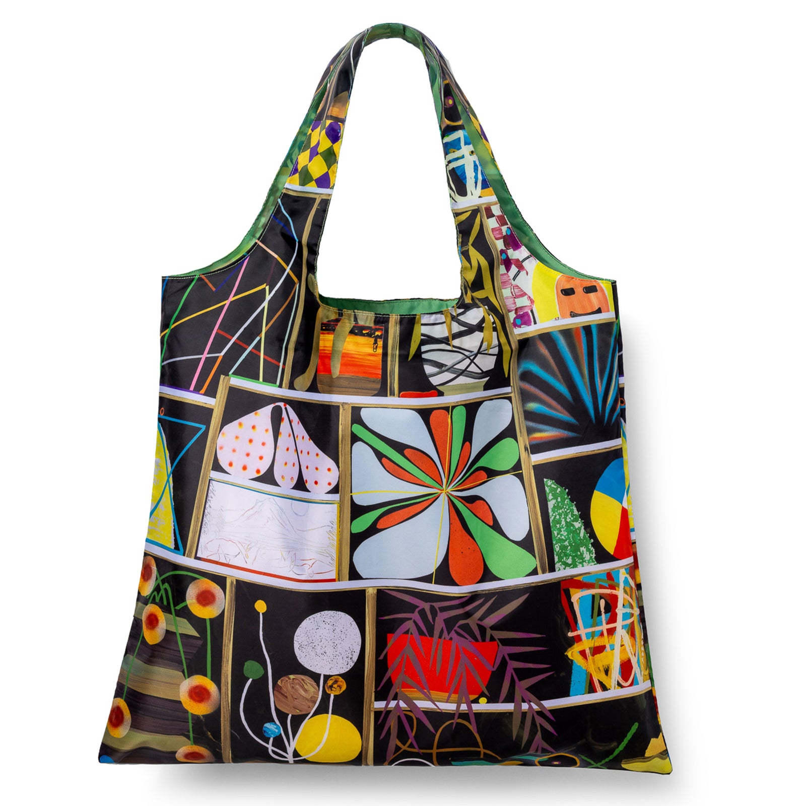 Illustrated reusable tote bag featuring bold collage panels with abstract florals starbursts and geometric forms on dark background by Paul Wackers for Yellow Owl Workshop