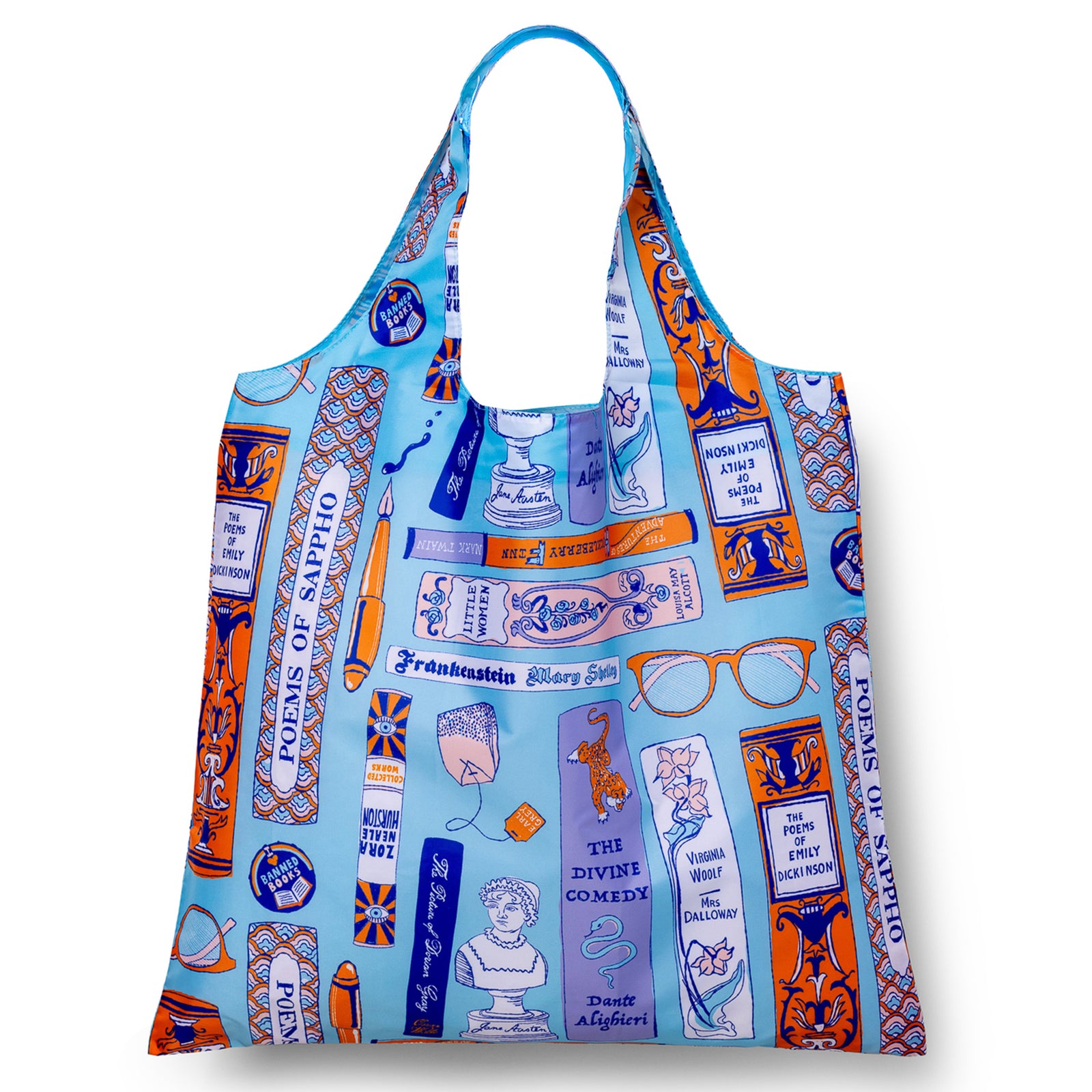 Illustrated reusable tote bag featuring book titles by female and queer authors and banned books by Yellow Owl Workshop
