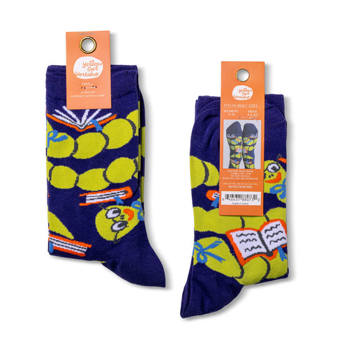 Bookworm crew socks packaging front and back by Yellow Owl Workshop