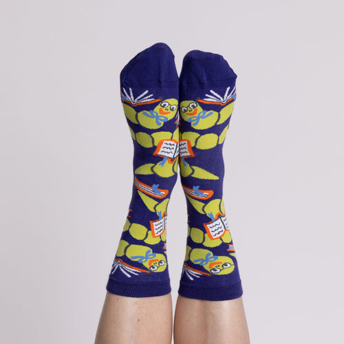 Bookworm crew socks small and large sizes laid out side by side by Yellow Owl Workshop