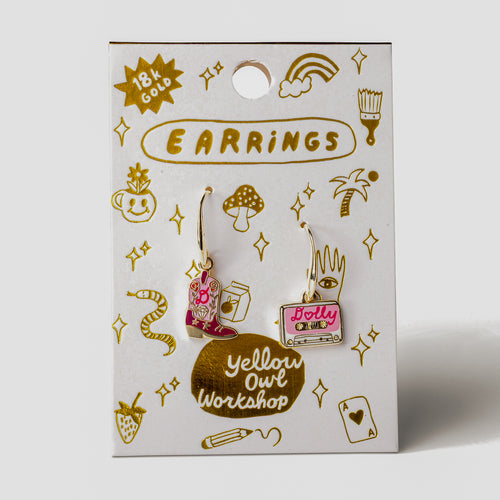 Boot and Country Cassette mismatched enamel drop earrings on gold foil matchbook card by Yellow Owl Workshop