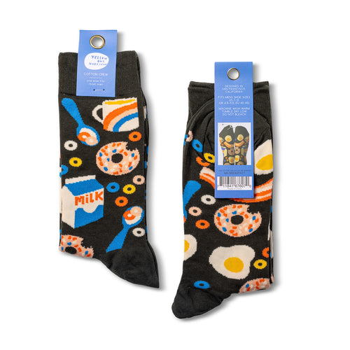 Breakfast crew socks packaging front and back by Yellow Owl Workshop