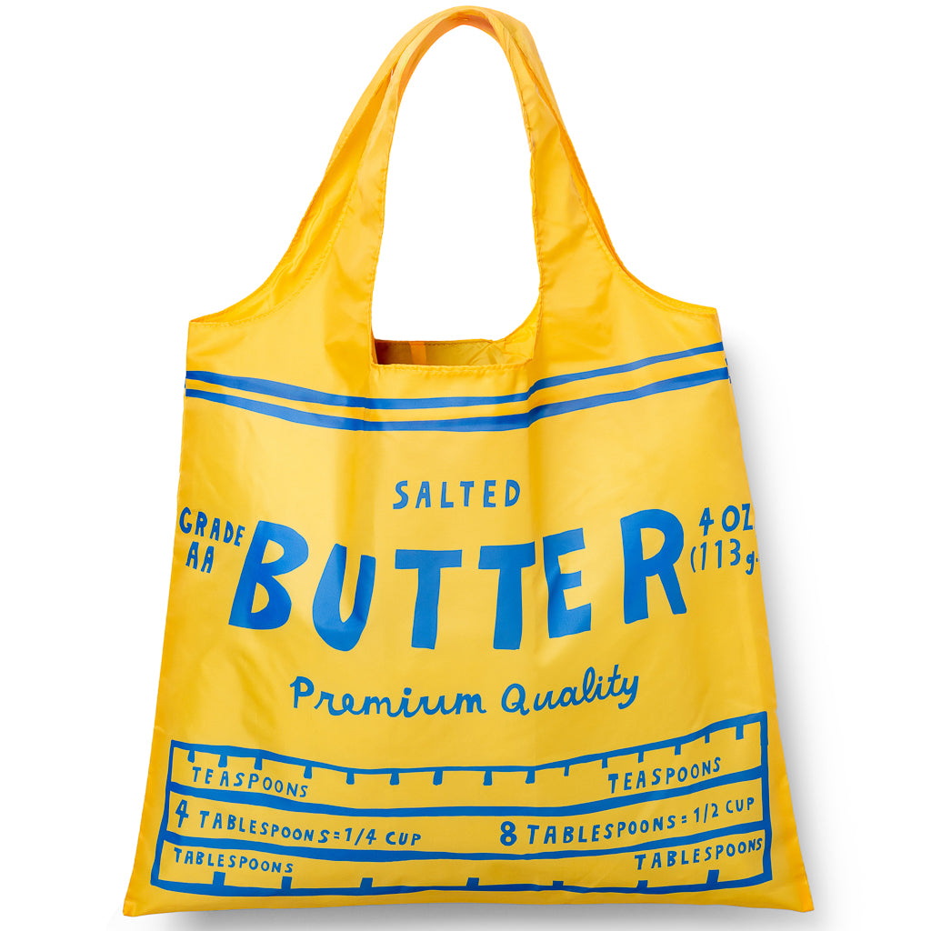 Yellow illustrated reusable tote bag designed to look like a salted butter wrapper with Grade AA Butter label by Yellow Owl Workshop