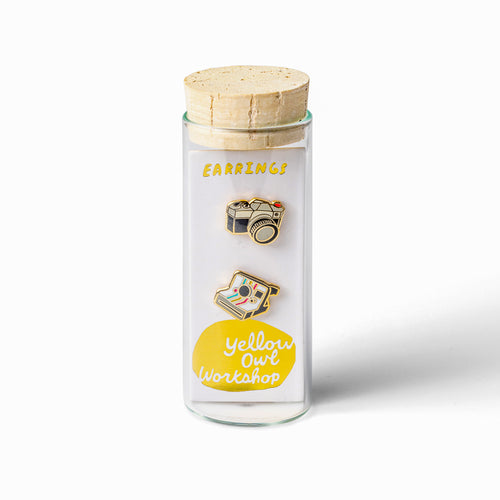 Camera mismatched cloisonné stud earrings in glass vial packaging by Yellow Owl Workshop