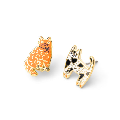 Mismatched gold stud earrings featuring fluffy orange tabby cat and black and white tuxedo cat by Yellow Owl Workshop