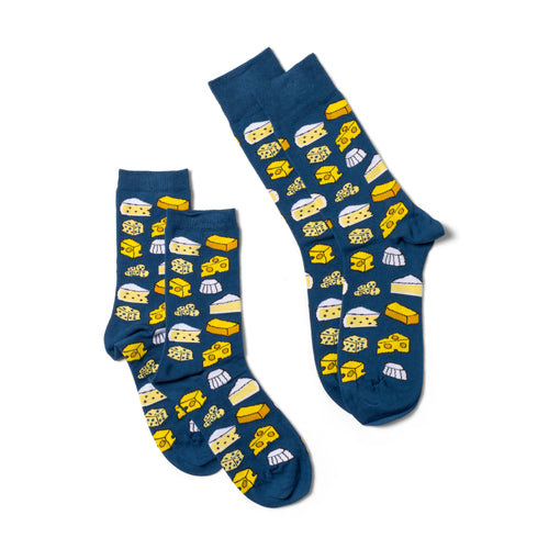 Cheese crew socks small and large sizes laid out side by side by Yellow Owl Workshop