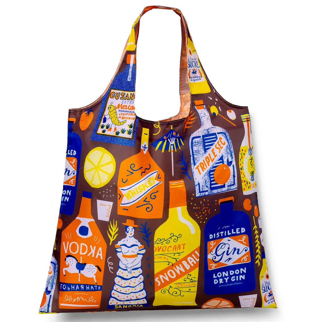 Brown illustrated reusable tote bag featuring vintage folk art spirit bottle illustrations including Vodka Gin Whiskey and Mezcal by The Printed Peanut for Yellow Owl Workshop