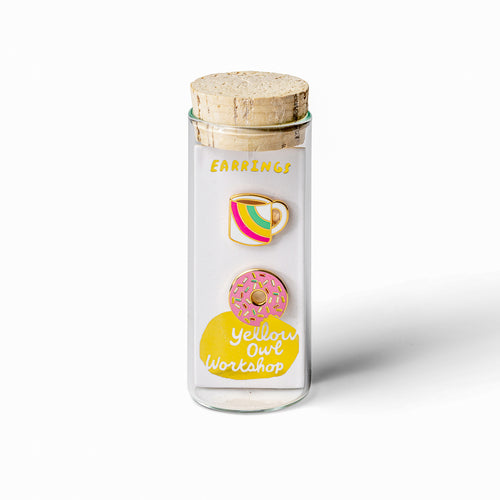 Coffee and Donut mismatched gold stud earrings in gift-ready glass vial by Yellow Owl Workshop