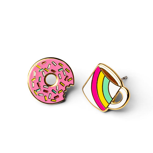 Mismatched gold stud earrings featuring pink sprinkle donut with bite taken out and rainbow striped coffee mug by Yellow Owl Workshop