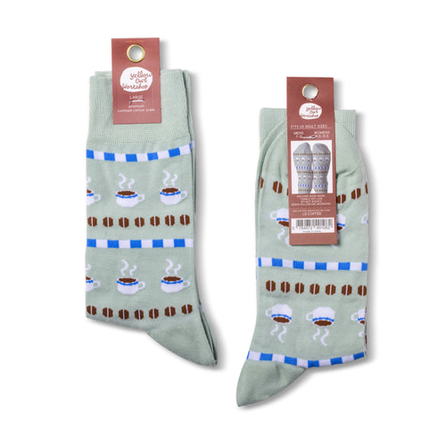 Coffee crew socks packaging front and back by Yellow Owl Workshop