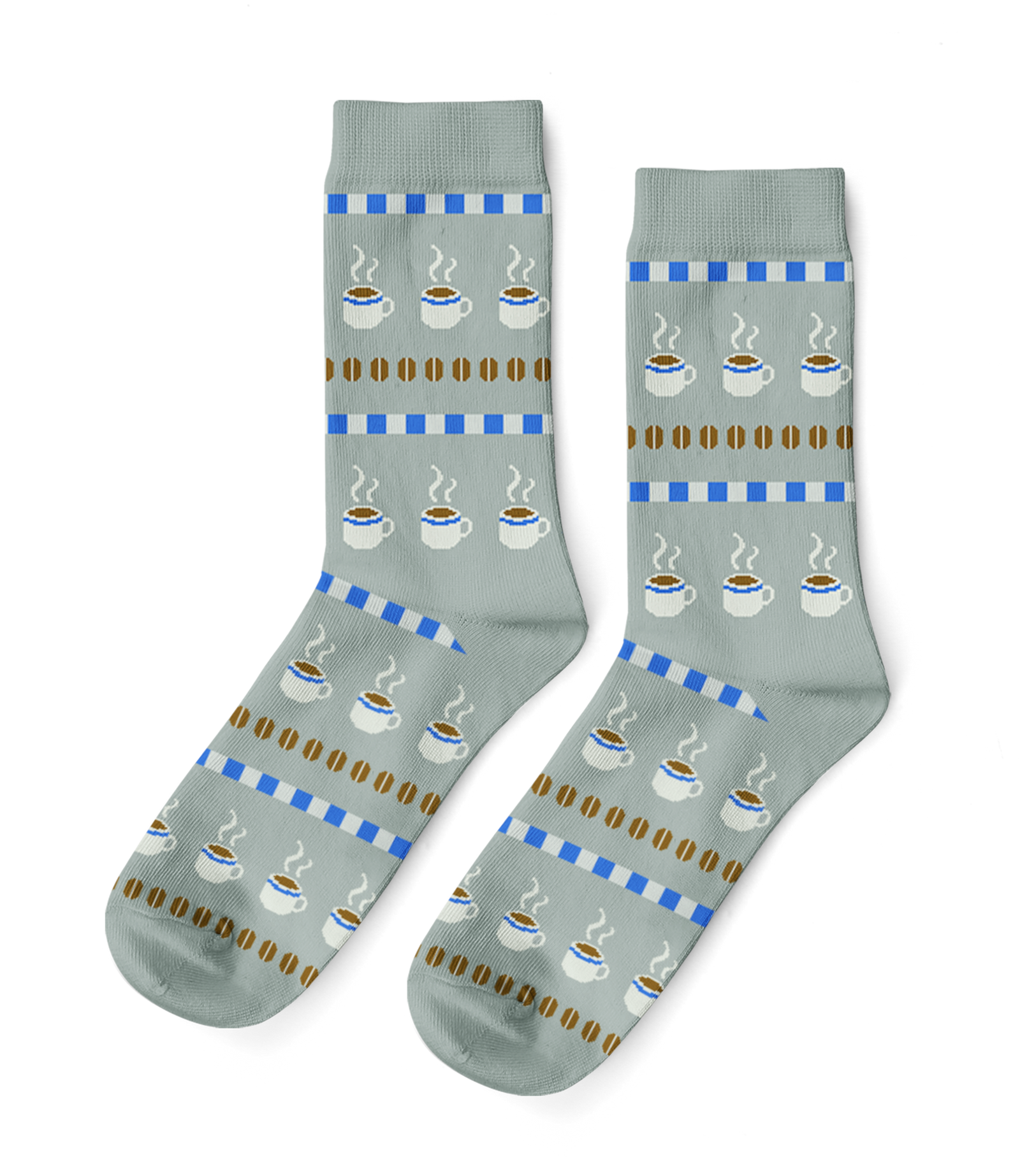 Sage green crew socks featuring illustrated steaming coffee cups and roasted beans in cross-stitch inspired pattern by Yellow Owl Workshop