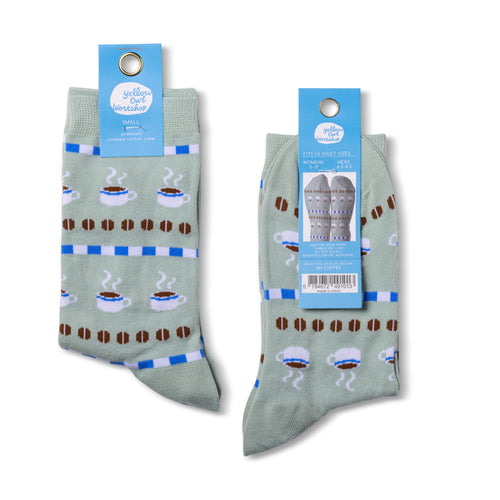 Coffee crew socks small size packaging front and back by Yellow Owl Workshop