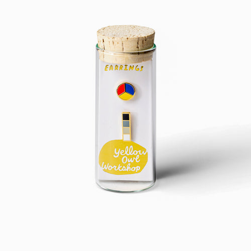 Color Wheel and Grayscale mismatched gold stud earrings in gift-ready glass vial by Yellow Owl Workshop