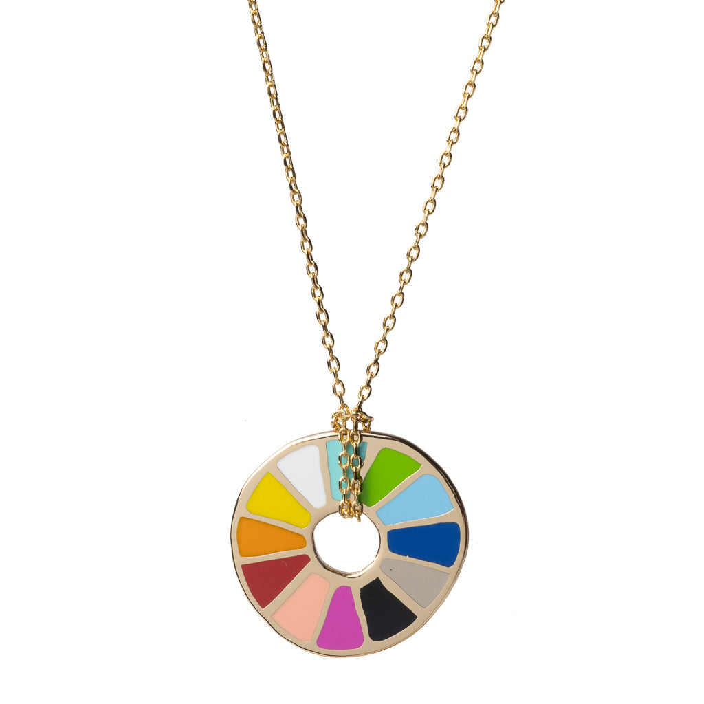 Cloisonné color wheel pendant necklace with full spectrum enamel hues gilded in 22 karat gold by Yellow Owl Workshop