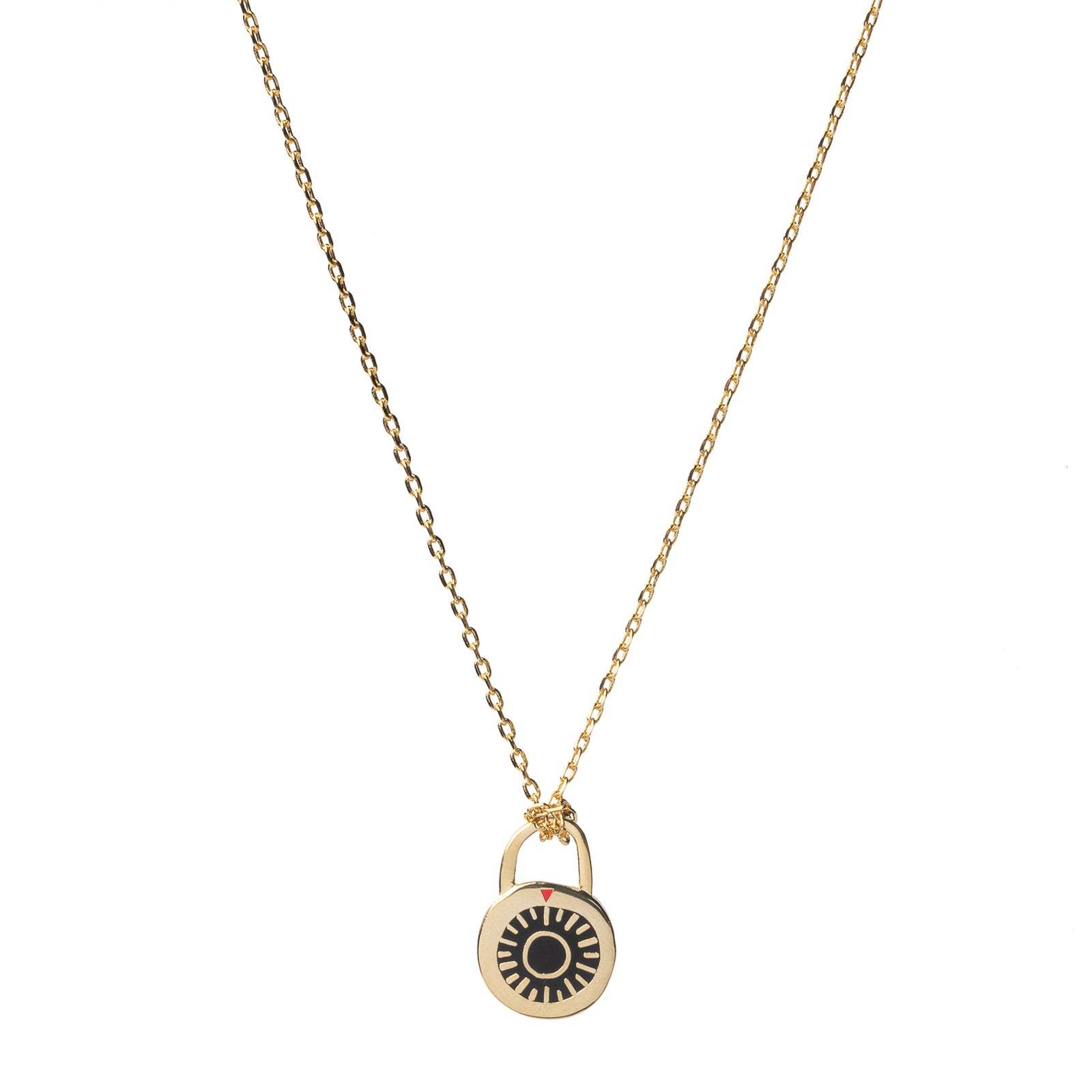 Black and gold cloisonné combination padlock pendant necklace with red arrow detail gilded in 22 karat gold by Yellow Owl Workshop