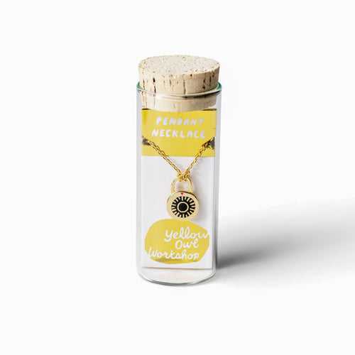 Combination padlock cloisonné enamel pendant necklace in glass vial packaging by Yellow Owl Workshop