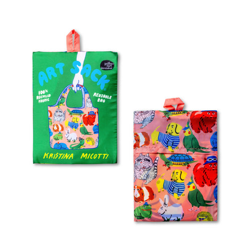 Cool Critters Art Sack® folded front and back showing colorful quirky animal illustration and Art Sack® packaging by Kristina Micotti for Yellow Owl Workshop
