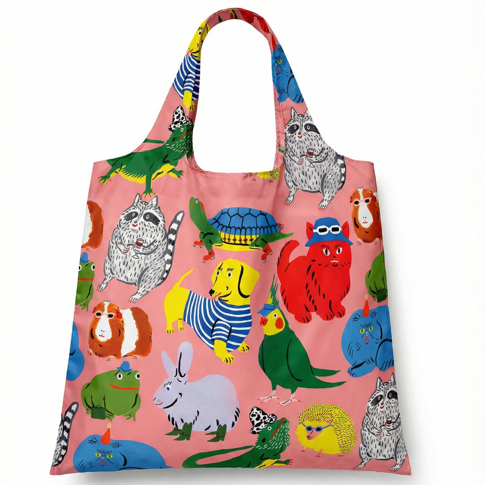 Pink illustrated reusable tote bag featuring colorful quirky animal characters including sunglasses hedgehog bucket-hat cat and striped dachshund by Kristina Micotti for Yellow Owl Workshop