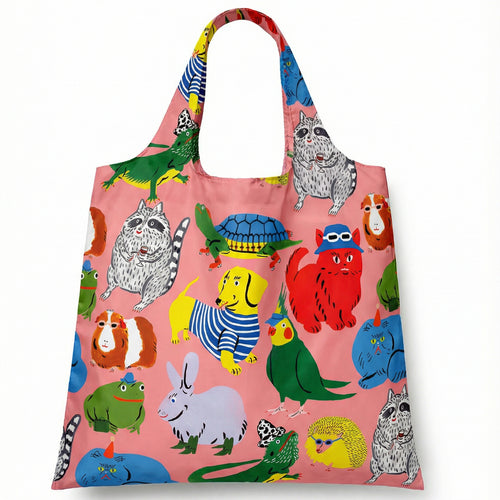 Pink illustrated reusable tote bag featuring colorful quirky animal characters including sunglasses hedgehog bucket-hat cat and striped dachshund by Kristina Micotti for Yellow Owl Workshop