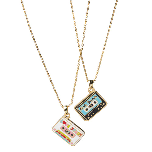 Double-sided enamel pendant necklace showing Cool Jams cassette tape side and Love Songs cassette tape side on 18k gold chain by Yellow Owl Workshop