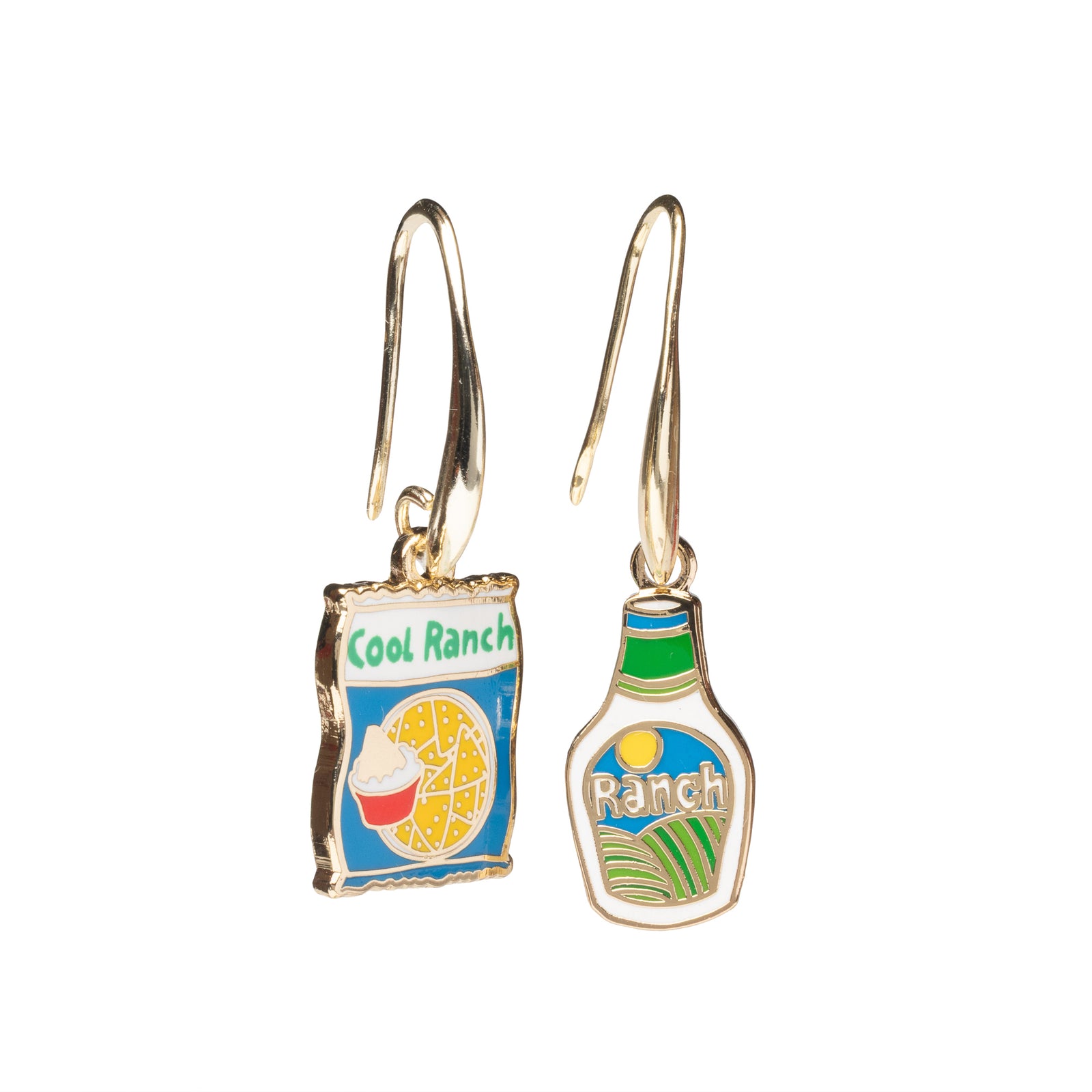 Mismatched enamel drop earrings featuring Cool Ranch Doritos bag and ranch dressing bottle by Yellow Owl Workshop